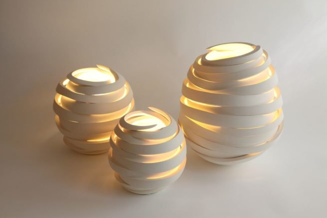 Lights from 'Deconstructed' series by Szilvia György, thrown and cut porcelain, electrical fittings. Three pieces.