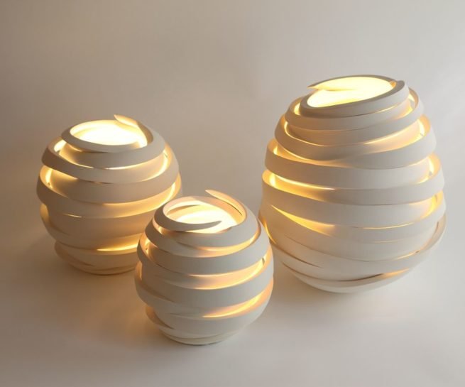 Lights from 'Deconstructed' series by Szilvia György, thrown and cut porcelain, electrical fittings. Three pieces.