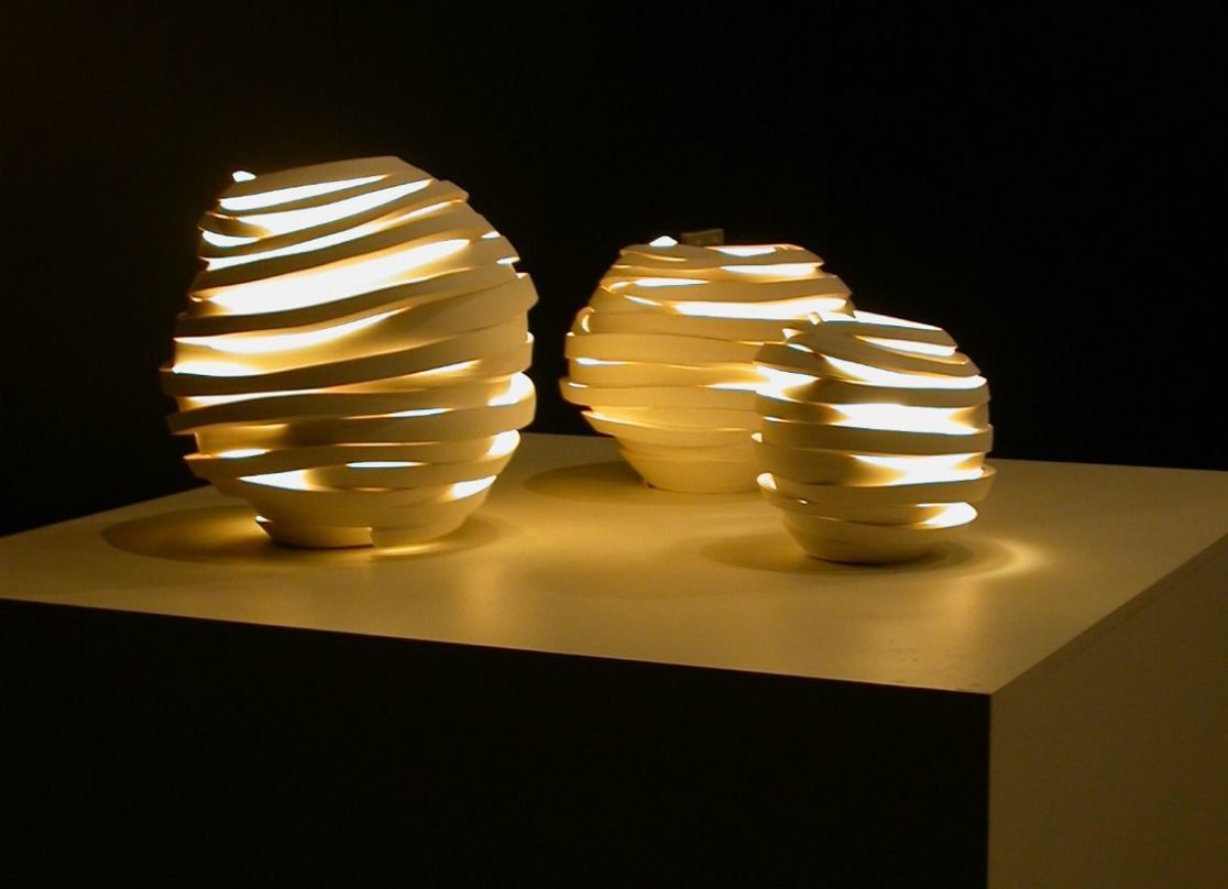 Lights from 'Deconstructed' series by Szilvia György, thrown and cut porcelain, electrical fittings
